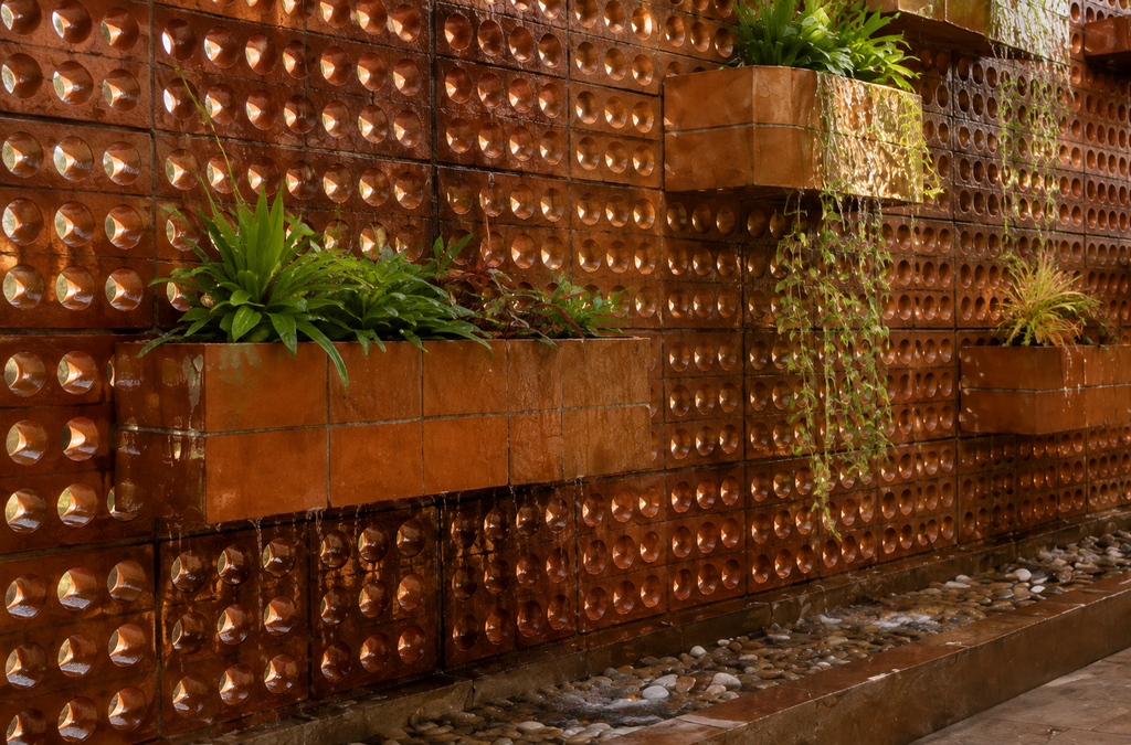 Close-up van natte terracotta koelblokken met planten en een wateropvanggoot.