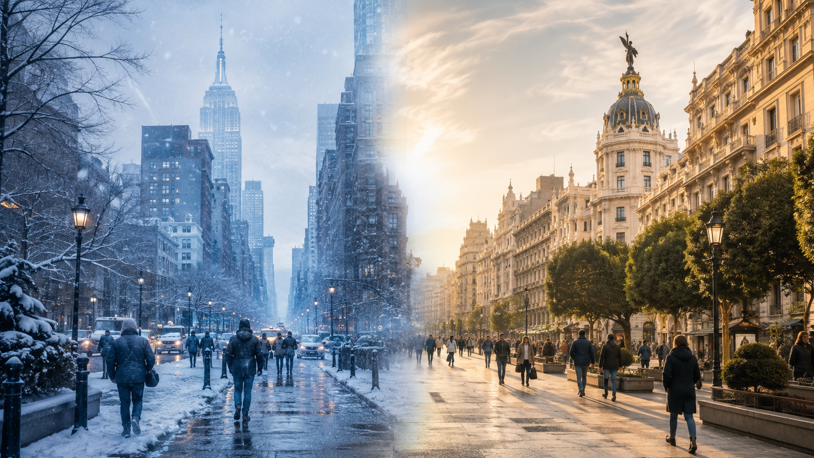Besneeuwd New York naast zonnig Madrid op vrijwel dezelfde breedtegraad.