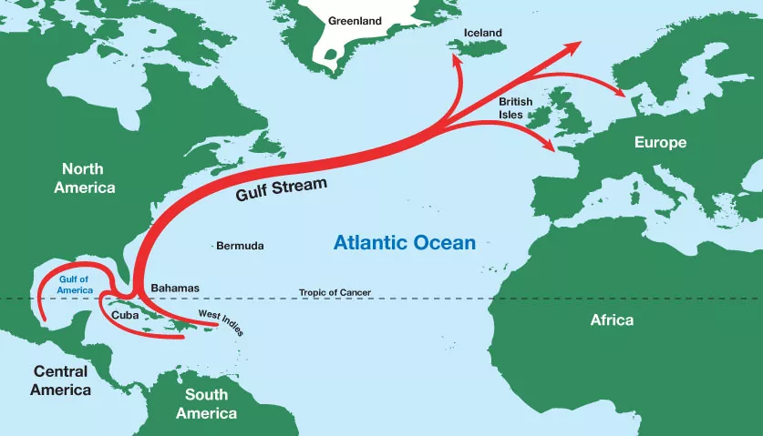 Kaart van de warme Golfstroom tussen Noord-Amerika en West-Europa.