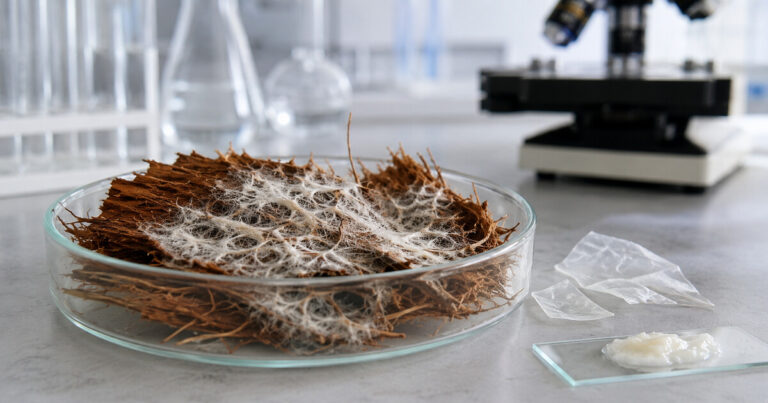 Petrischaal met kokosvezels en witte schimmeldraden naast plastic- en zonnebrandmonsters in een laboratorium.